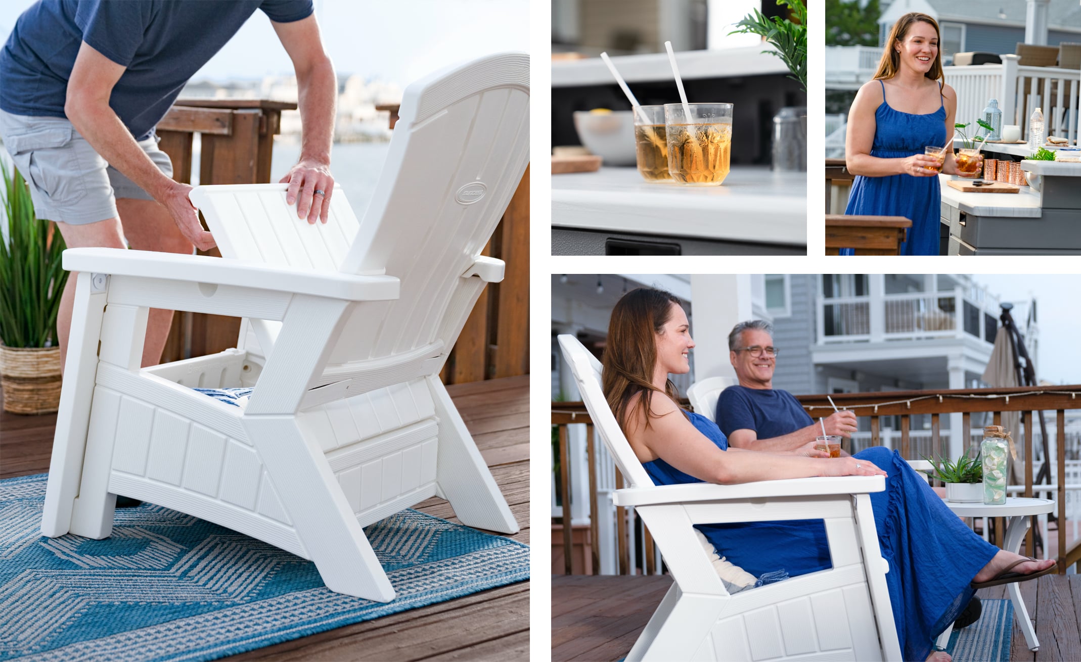 Collage: man accessing the storage inside a Suncast adirondack chair, two filled drink glasses with straws sitting on a Suncast Oasis Entertaining Bar, woman holding those two glasses, woman and man sitting on Suncast Adirondack chairs with the drinks